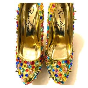 Privileged Purrr Gold Multicolor Rhinestone Heels